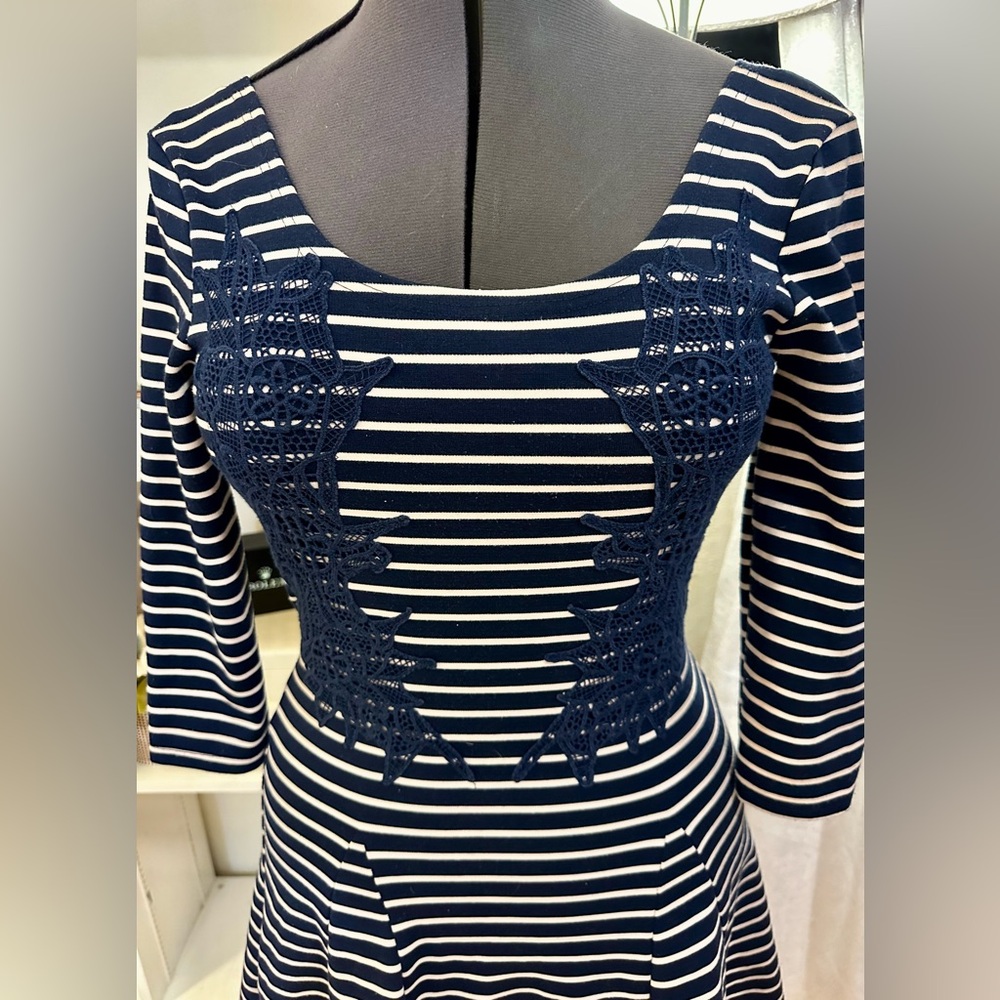 Free People Navy Peachy Cream Striped Lace Appliqué Open Back Mini Dress Size S - Picture 5 of 12